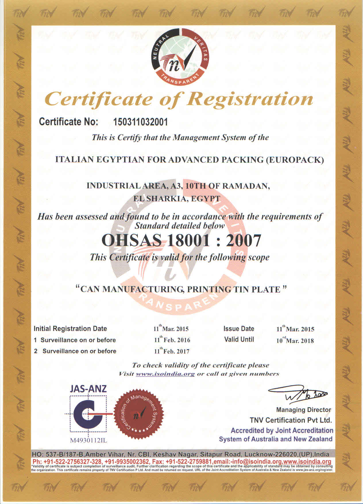 OHSAS 18001 certificate